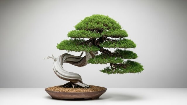 Elegant twisted juniper bonsai tree with lush green foliage in a ceramic pot. Bonsai technique.