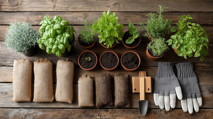Gardening Flatlay with Potted Herbs, Soil Bags, and Protective Gloves - Home Gardening Setup