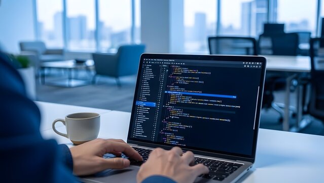 A developer working on a laptop, with code displayed on the screen. There's a cup of coffee nearby, and a blurred office backdrop in the distance