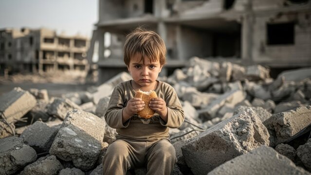 Sad child holding bread sits amidst rubble of destroyed buildings, symbolizing hardship