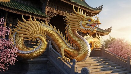 Fototapeta premium Golden Dragon Statue Guarding Traditional Asian Temple Architecture