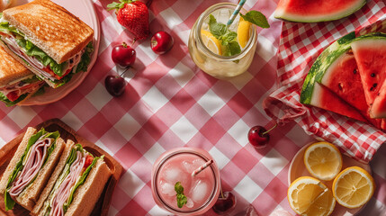 Summer Picnic Flatlay with Sandwiches and Fresh Lemonade - Outdoor Dining Scene