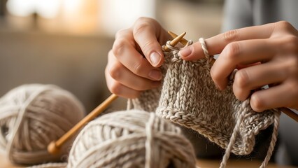 Close-up view of hands knitting with wool and knitting needles, depicting a hobby activity