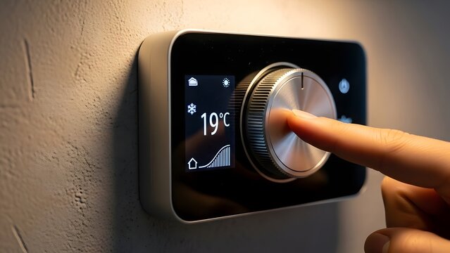 Modern thermostat set to 19 degrees Celsius, demonstrating energy efficiency and climate control