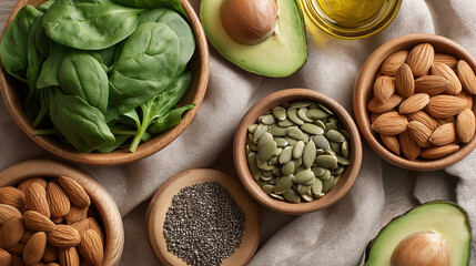 Vitamin E-Rich Superfoods Flatlay: Healthy Nutrition and Wellness Ingredients
