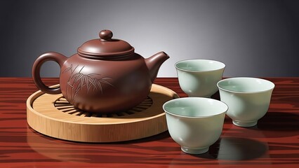 Traditional Tea Ceremony Setup with Brown Teapot and Cups