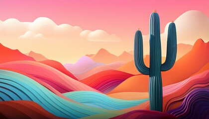 a colorful landscape featuring a cactus in the foreground with abstract hills and a pastel sky creating a serene artistic scene