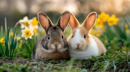 Two Rabbits with Big Ears Sitting Together in a Colorful Blossom Field at Dusk