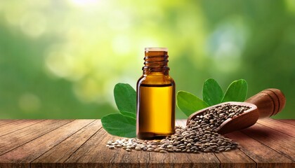 herbal essential oil bottle and seeds on wooden table green background