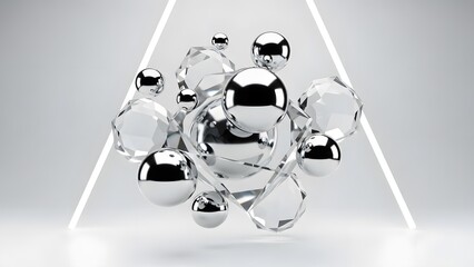 Abstract composition with spheres and crystals floating in a white illuminated triangle