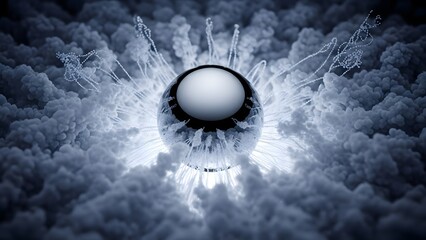Abstract chrome sphere surrounded by cloud with burst of glowing light background
