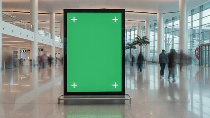 A large green screen for advertising and marketing videos display in a modern airport terminal with people walking in the background