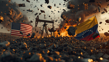 Naklejka na ściany i meble A dramatic scene of conflict between the United States and Venezuela with an oil pump in the background.