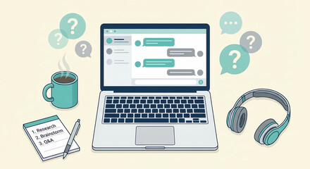 Laptop, headphones, a mug with question mark chat bubble concept for online learning or support