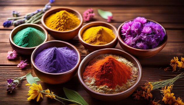 colorful herbal powders and dried flowers on wooden table - Powered by Adobe