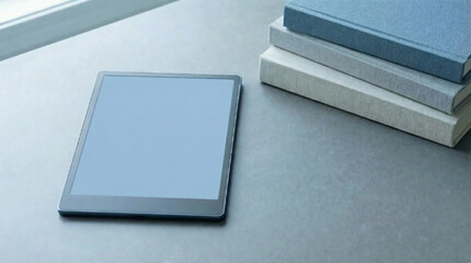 E-book tablet next to a stack of books on a gray table concept of Knowledge Day  