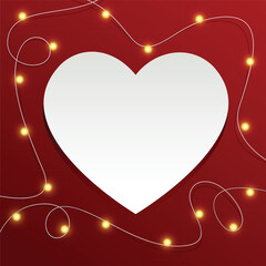 Romantic Valentine&rsquo;s Day heart background with glowing string lights framing a white central heart space.