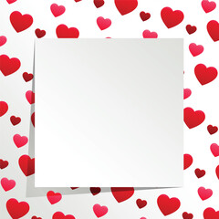 Valentine&rsquo;s Day background with floating red hearts and a blank white paper card for romantic messages.