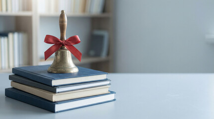 Old school hand bell with red bow on stacked textbooks for Knowledge Day  