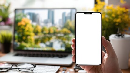 Hand holding smartphone with blank screen over laptop