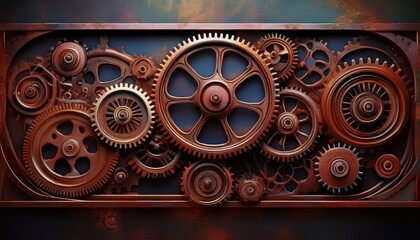 Obraz premium rusty gears vintage oxidation concept rusty gears with intricate textures on a dark background showcasing industrial design