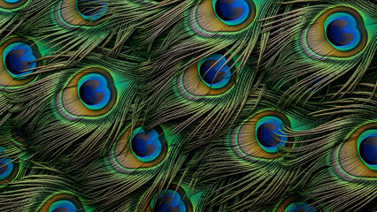 Luxurious, iridescent peacock feathers shimmer in emerald, royal blue, and gold. Ideal for high-end fashion, exotic branding, opulent event design, wedding stationery,