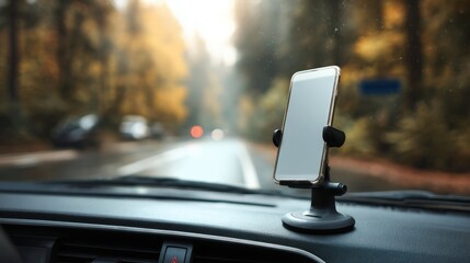 Smartphone in car holder navigating winter road trip
