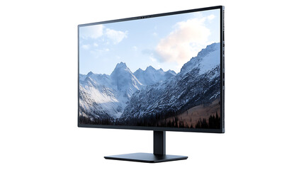 4K Monitor Displaying Snowy Mountain Landscape at Dusk