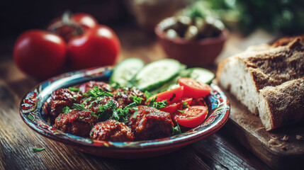 traditional mediterranean meatballs in rich tomato sauce with fresh parsley garnish and cucumber slices on colorful ceramic plate, rustic wooden table with crusty bread and ripe tomatoes background