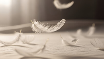 Soft-focus white feathers gently drift on a pure sheet, evoking tranquil memories. Ideal for sympathy cards, baby announcements, serene wellness designs, craft backgrounds,