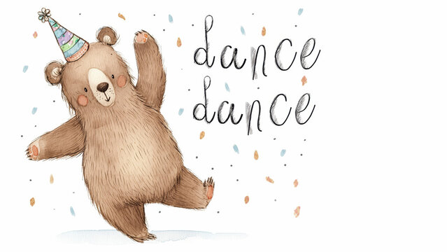 Dancing bear with &ldquo;dance dance&rdquo; lettering and confetti. Birthday party illustration concept.