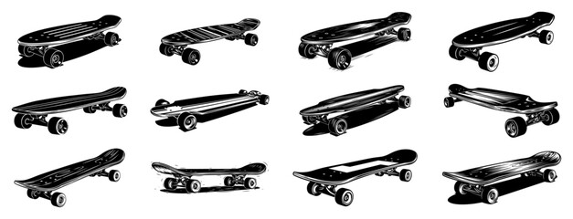 Skateboard and longboard collection set featuring various deck styles and angles for street sport © Luka