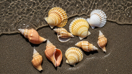 Top-down close-up of seashells on a wet beach as a wave recedes, ideal for summer travel promotions, coastal lifestyle blogs, serene spa designs, or beach-themed home decor.