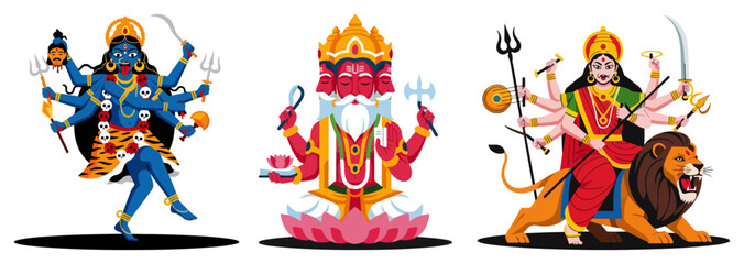 Fototapeta premium Hindu deities vector set featuring Goddess Kali Lord Brahma and Durga on lion