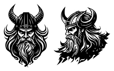 Obraz premium Fierce Viking warrior head mascot illustration with horned helmet and long beard
