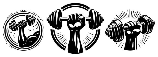Gym fitness weightlifting badge set with hand holding dumbbell equipment