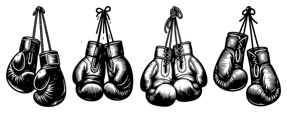 Hanging boxing gloves sketch set vintage hand drawn fighting equipment