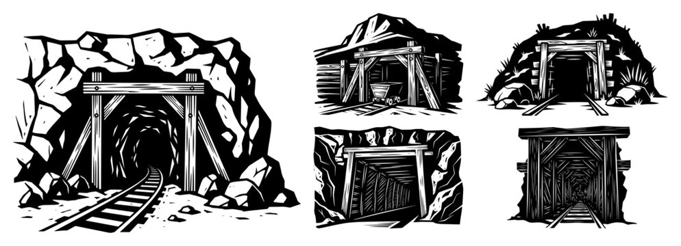 Old mine entrance illustration set showing underground tunnels with railway tracks in vintage style