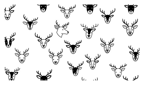 Cute reindeer head pattern background with antlers line art vector illustration