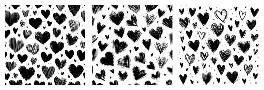 Hand drawn grunge heart pattern set seamless background texture for valentines day