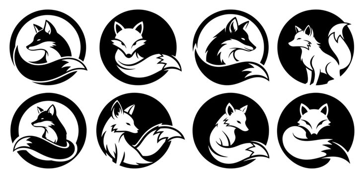 Fox logo silhouette icon set in circular badges animal mascot collection