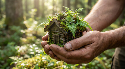 Tiny rustic wooden cabin with green succulents onroof held in hands in a sunlit forest