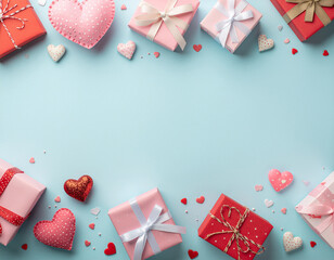 Valentines Day gifts and hearts arrangement.