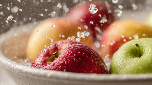 Close-up of sodium hypochlorite drops falling into bowl of water with apples and peaches, food sanitization concept. Focus on droplets and safety.