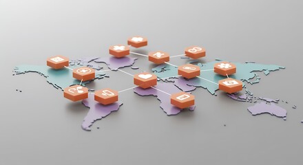 Global Healthcare Network and Connectivity World Map with Hexagonal Icons
