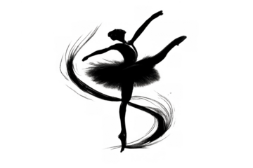 Ballerina silhouette dancing with fluid ink strokes, performing ballet on a transparent background, depicting graceful movement and art concept