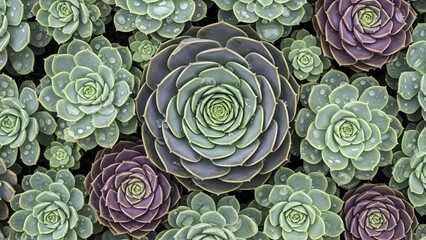 Macro shot highlighting succulent plants' geometric rosettes in sage green, purple, teal, with water droplets and Fibonacci spirals. Perfect for botanical themes, interior design, science, wellness,