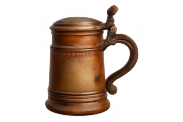 Antique copper stein featuring a decorative pewter lid and robust handle, showcasing historical drinkware design on a transparent background