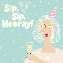 Woman celebrating with champagne and party hat enjoying moment