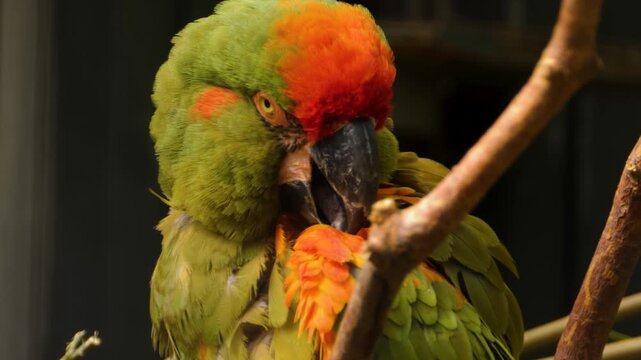 Closeup of a green parrot grooming it self while sitting ona tree branch on a cloudy day